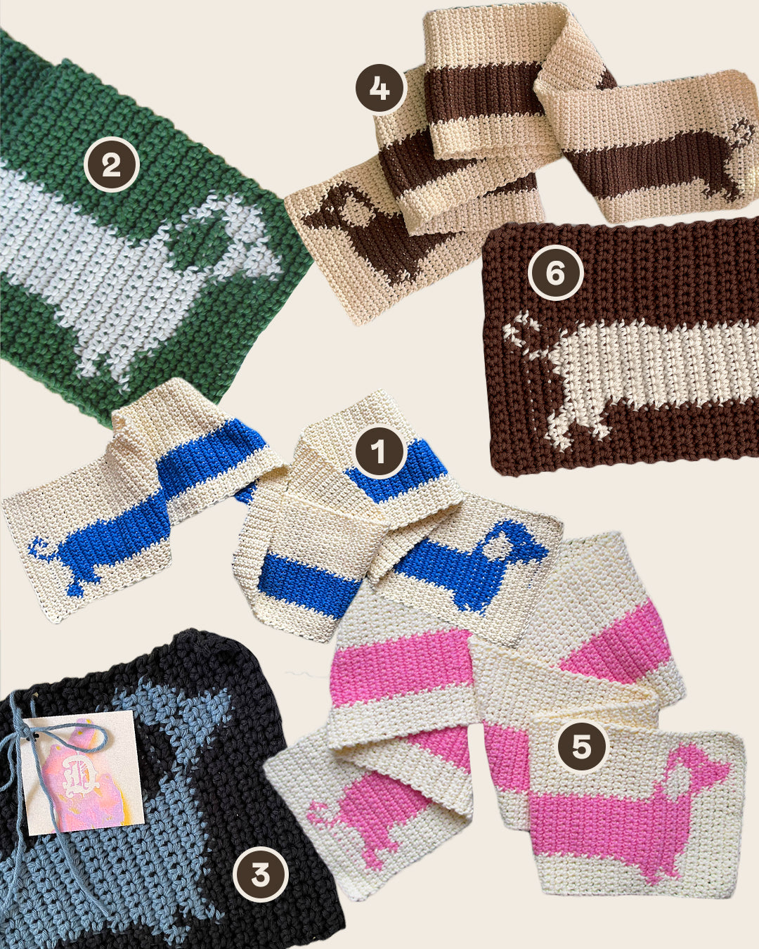 A "Sausage Dog scarf ✧ DIY pack" by devouthand is displayed on a white shelf, surrounded by decorative figurines and a flower ornament. A small tag suggests it's ideal for beginners.