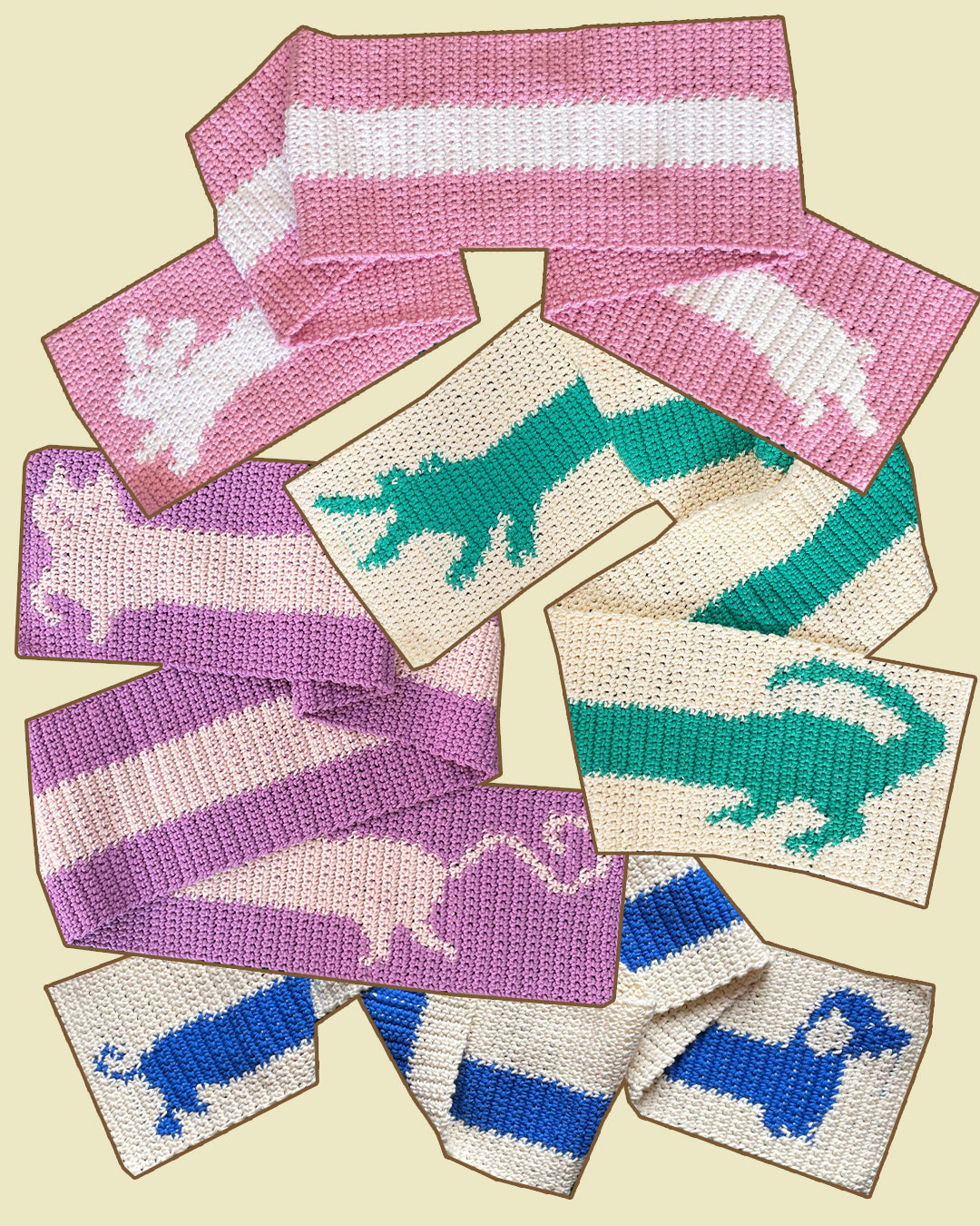 Crochet scarf pattern cat sausage dog rabbit crocodile