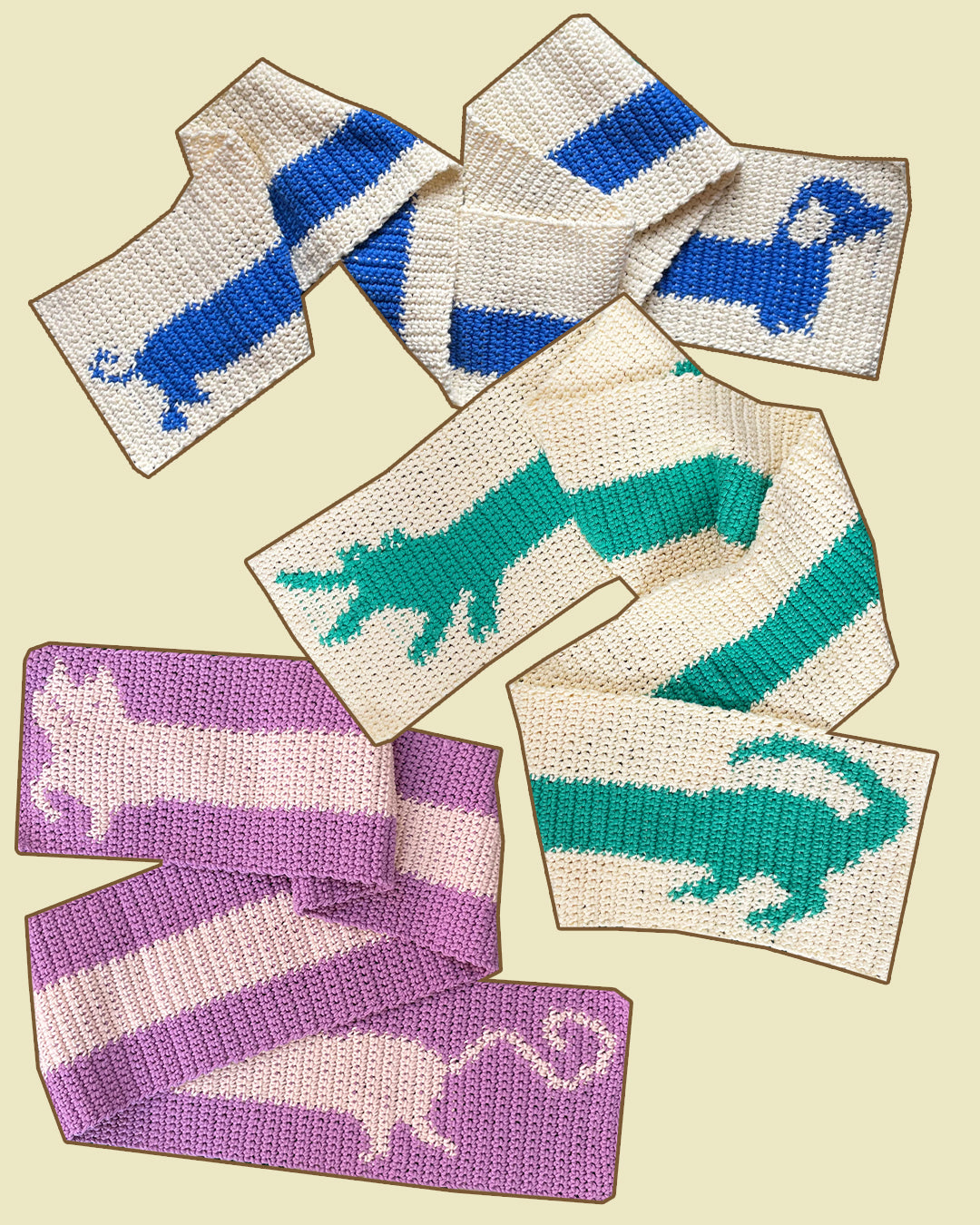 Crochet scarf pattern sausage dog cat crocodile