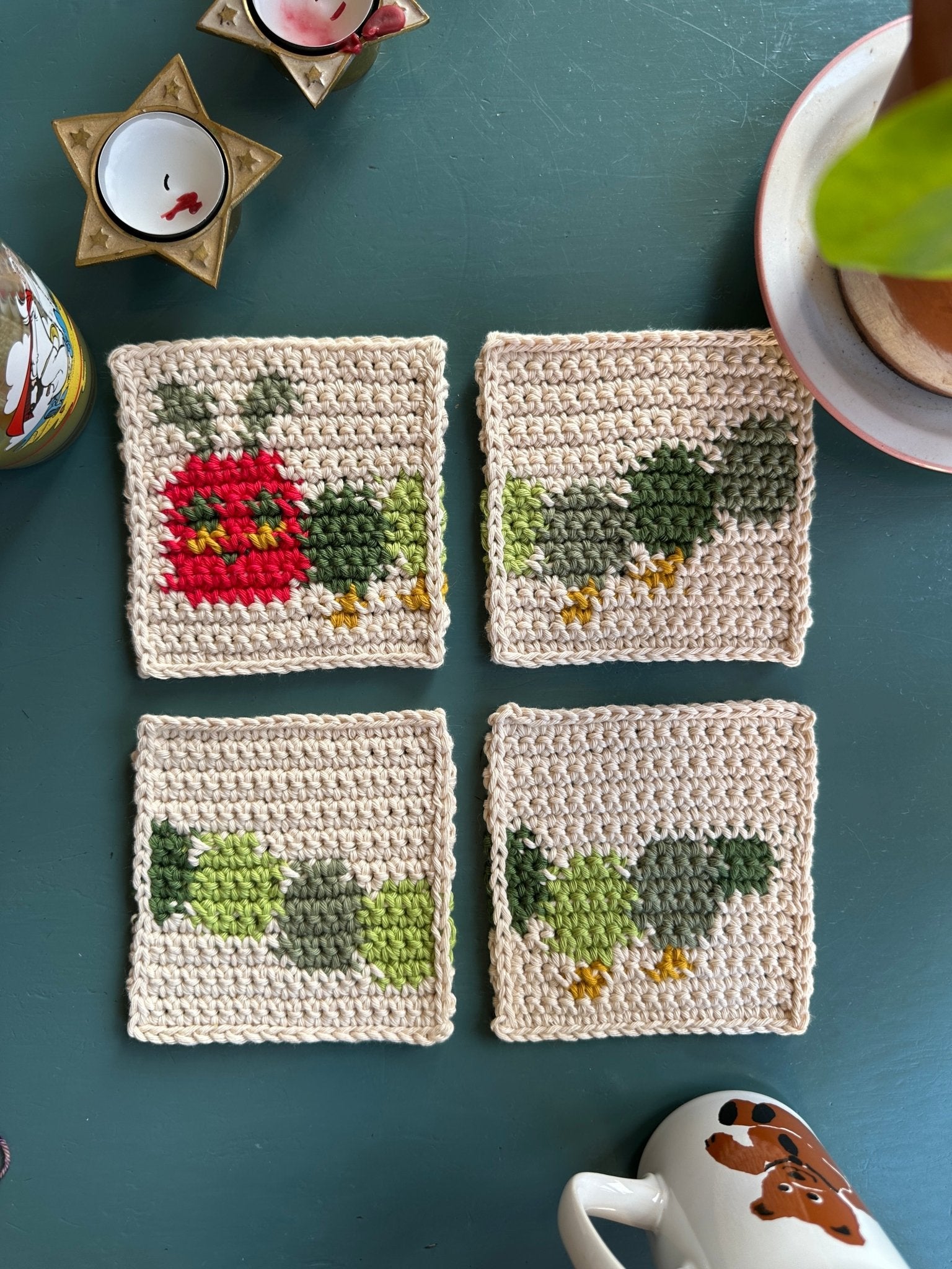 Crochet coasters pattern ✧ Hungry Caterpillar snacks - devout hand