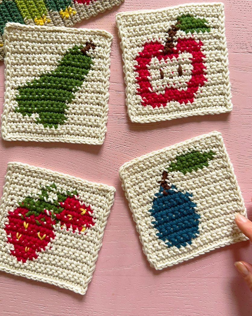 Crochet coasters pattern ✧ Hungry Caterpillar snacks - devout hand